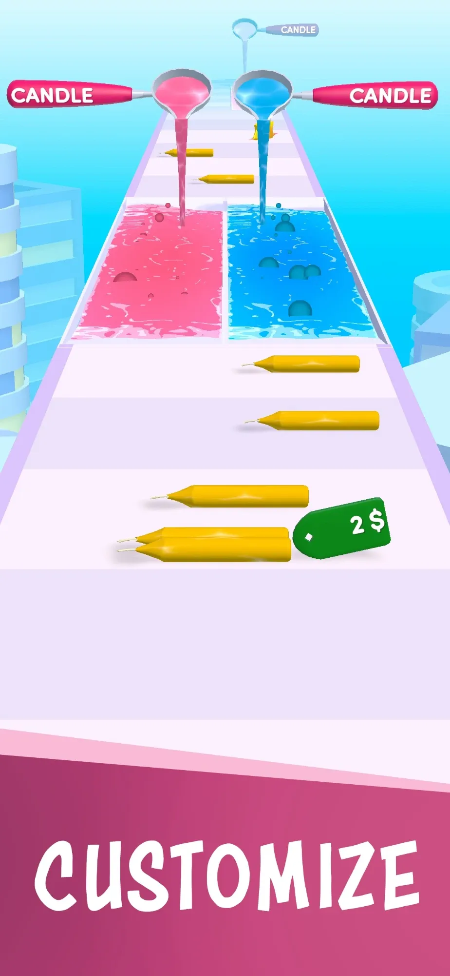 Candle Gift gameplay: pouring pink and blue wax over candles on a runner track. Caption: Customize.