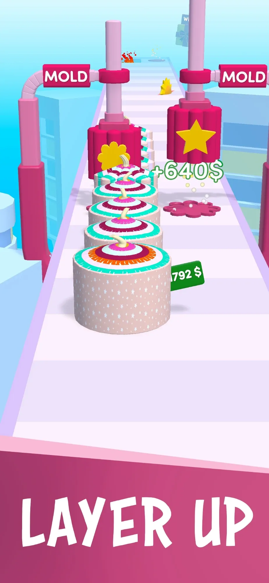 Candle Gift gameplay: a row of layered candles passing under star-shaped moulds. Caption: Layer up.