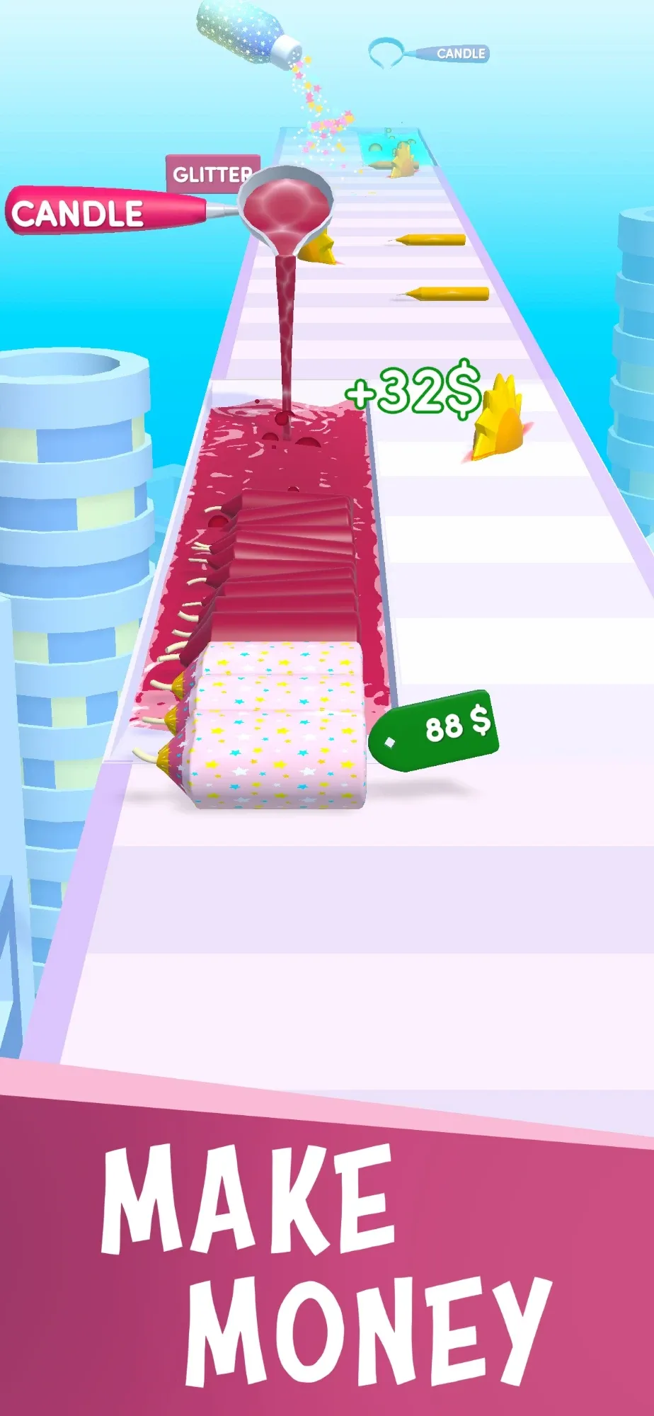 Candle Gift gameplay: a stack of wrapped candles earning money at the end of a run. Caption: Make money.